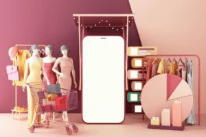concept-online-women-shopping-clothes-social-media-app-3d-smartphone-screen-with-shopping-bag-chat-message-shopping-cart-pink-pastel-color-3d-rendering